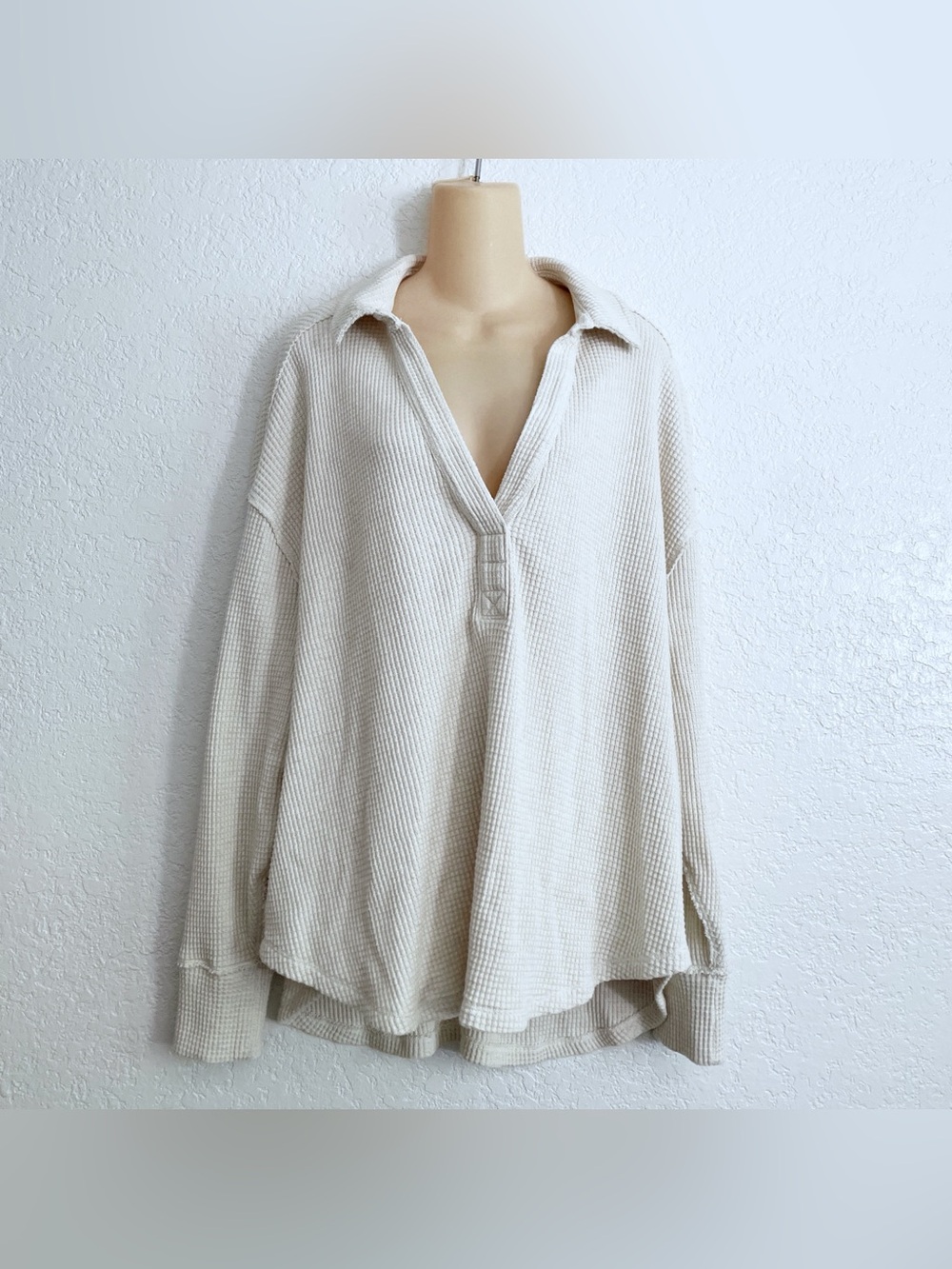 Aerie Lumberjane Waffle Knit Polo Cream Pullover Oversized Sweater Large Granola